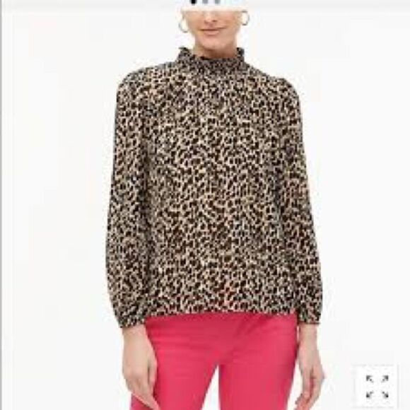 J Crew Factory Leopard Long Sleeve Chiffon Gathered Mock Neck Blouse - Picture 4 of 11